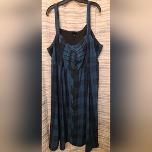 Torrid Blue and Black Midi Dress with V-Neck and Pleated Design